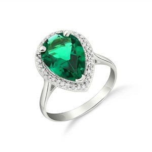 14K. SOLID GOLD RING WITH NATURAL DIAMONDS & LAB. CREATED EMERALD (White Gold)